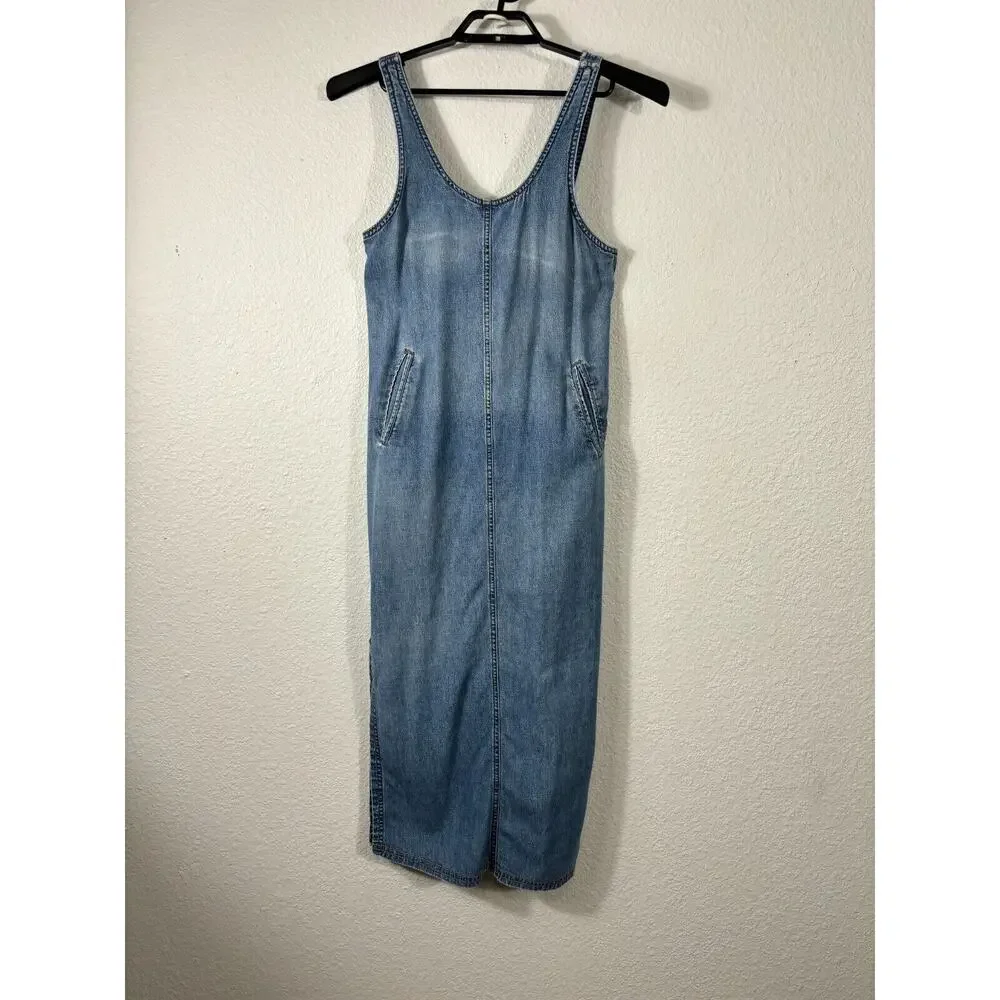 Vintage Distressed Denim Dress Womens‎ 4 Blue Jumper Midi Overall Y2K 90s
